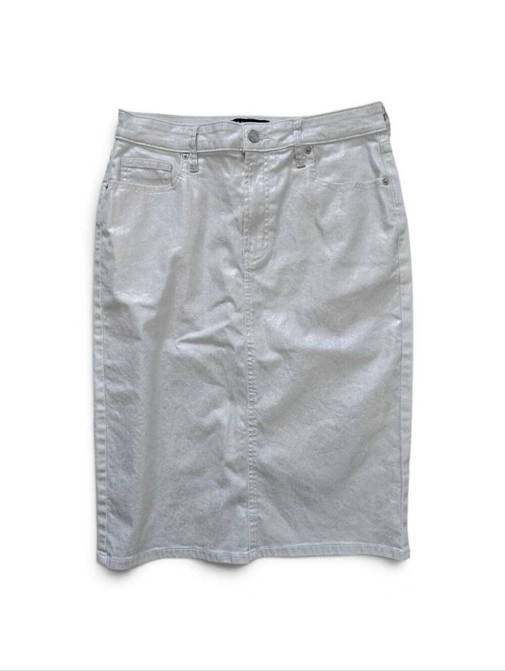 GAP Size 6 Metallic Silver Denim Pencil Skirt – High Waisted Stretch
